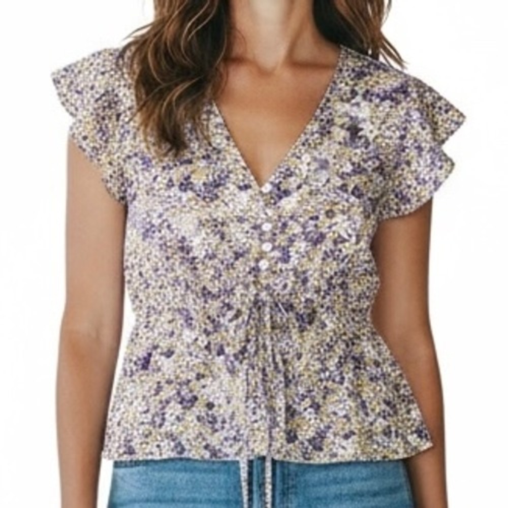 Wild Fable Floral Blouse Ruffle Flutter Cap Sleeve V-Neck Tie Front Top Womens L